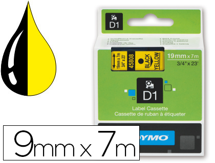Cinta Dymo D1 9mm. x 7m. plástico amarillo tinta negra 40910